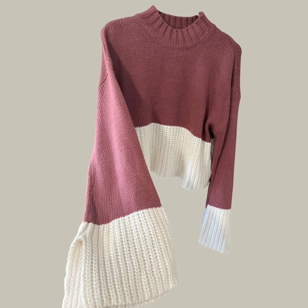 Derek Heart Womens Colorblock Mock Neck Bell Sleeve Cropped Knit Sweater Large